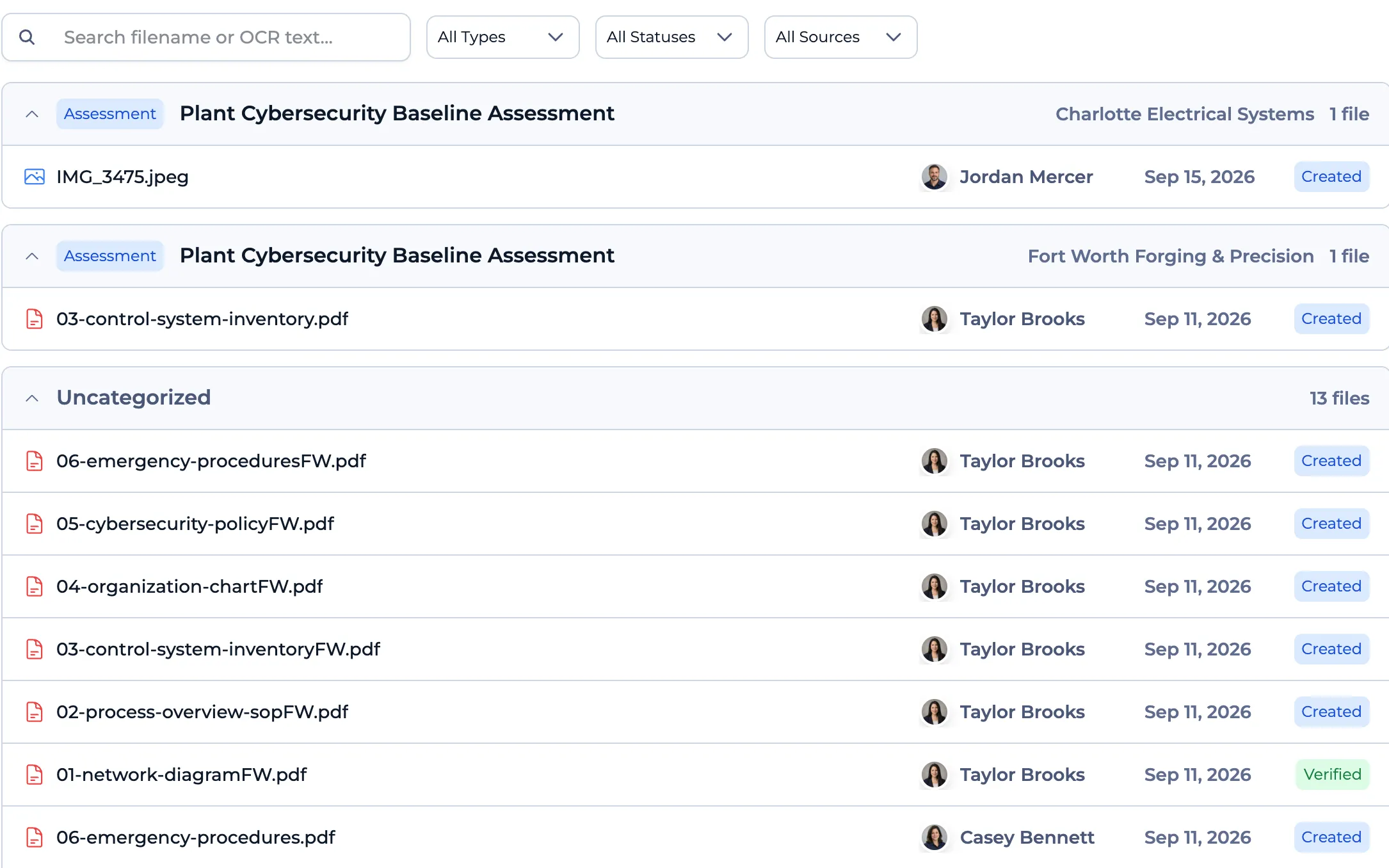 Resilion Evidence Registry listing assessment files by site, with the person who added each file, the date, and its status. Demo data.