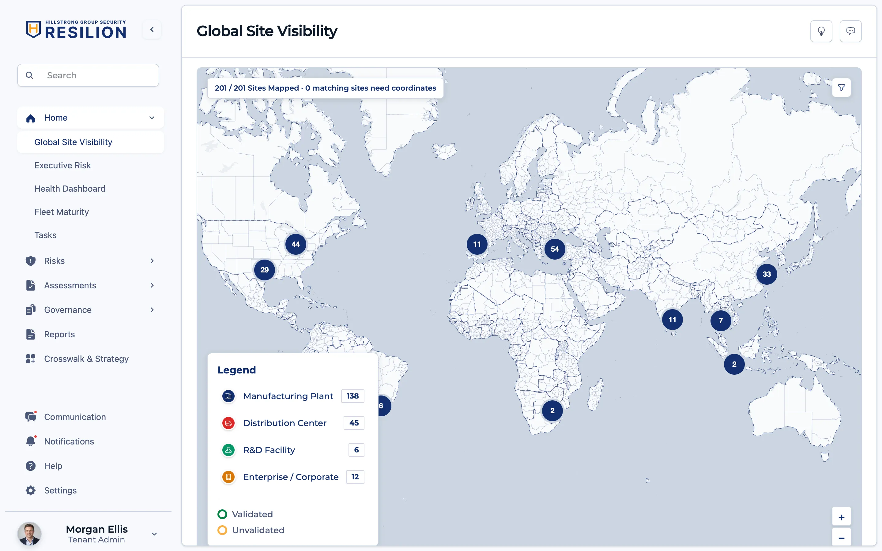Resilion Global Site Visibility map showing 201 plants, distribution centers, and offices in one program. Demo data.